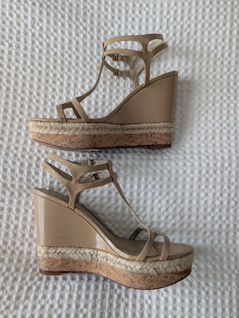 Via Spiga Nude Patent Espadrille Wedge Sandals